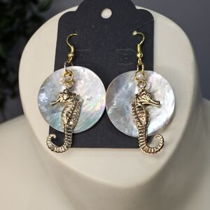 Golden Seahorse Earrings with Mother of Pearl Discs